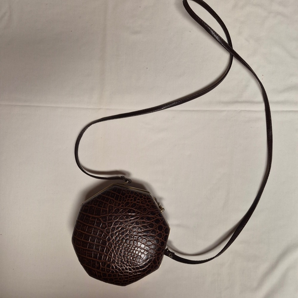 Sorpresa Brown Croc Embossed Leather Hexagon Crossbody Bag Made in Italy Vintage